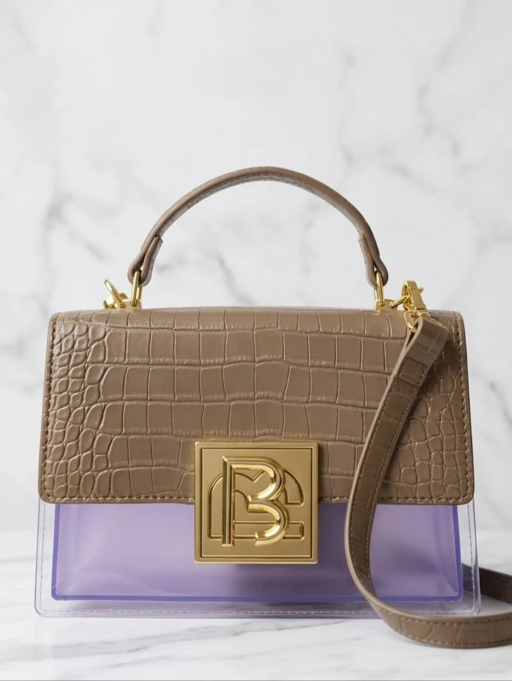 Chic Women's Crocodile-Embossed Clear Taupe Top-Handle Bag